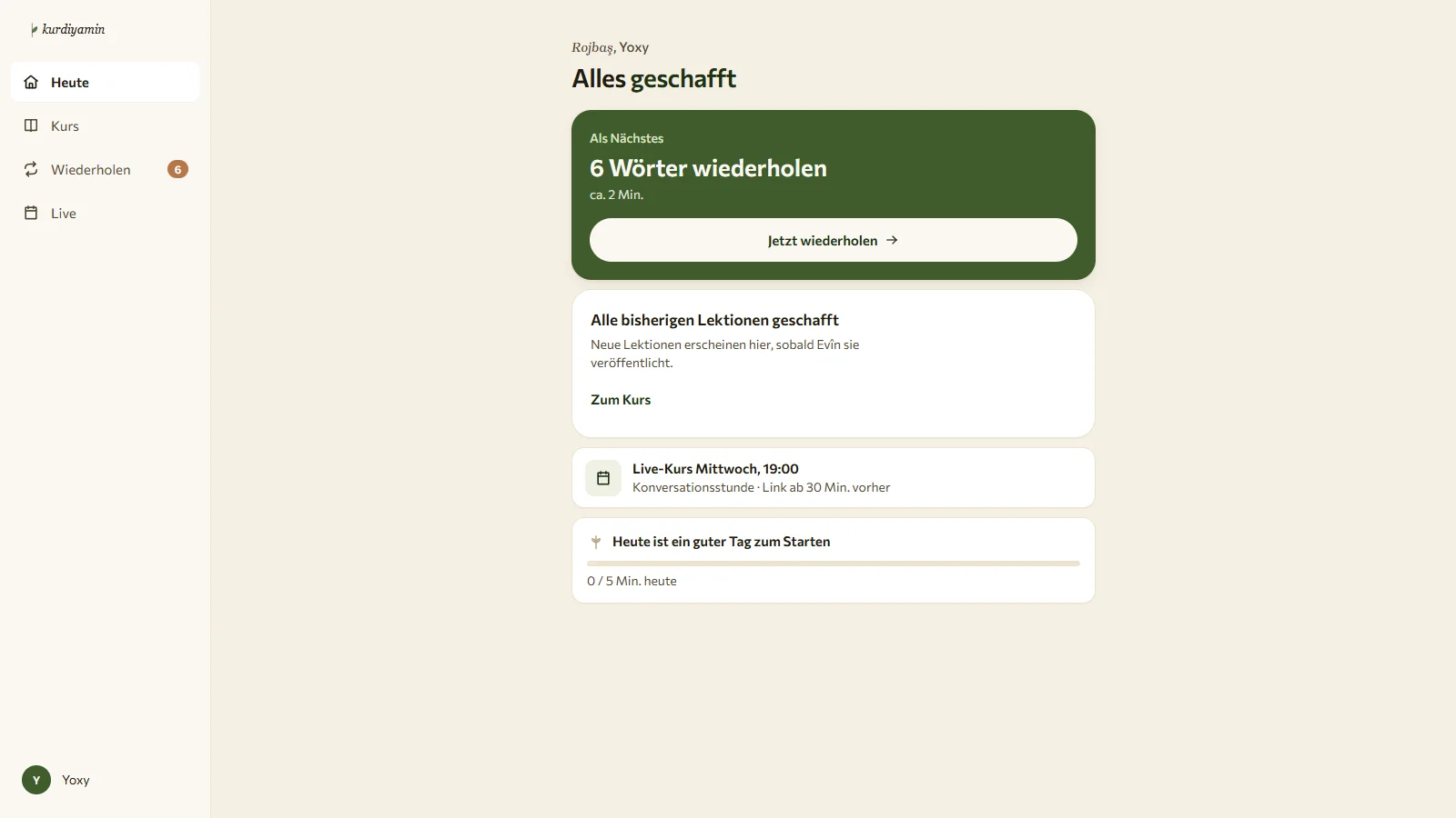 Kurdiyamin — Lern-App: Tagesübersicht