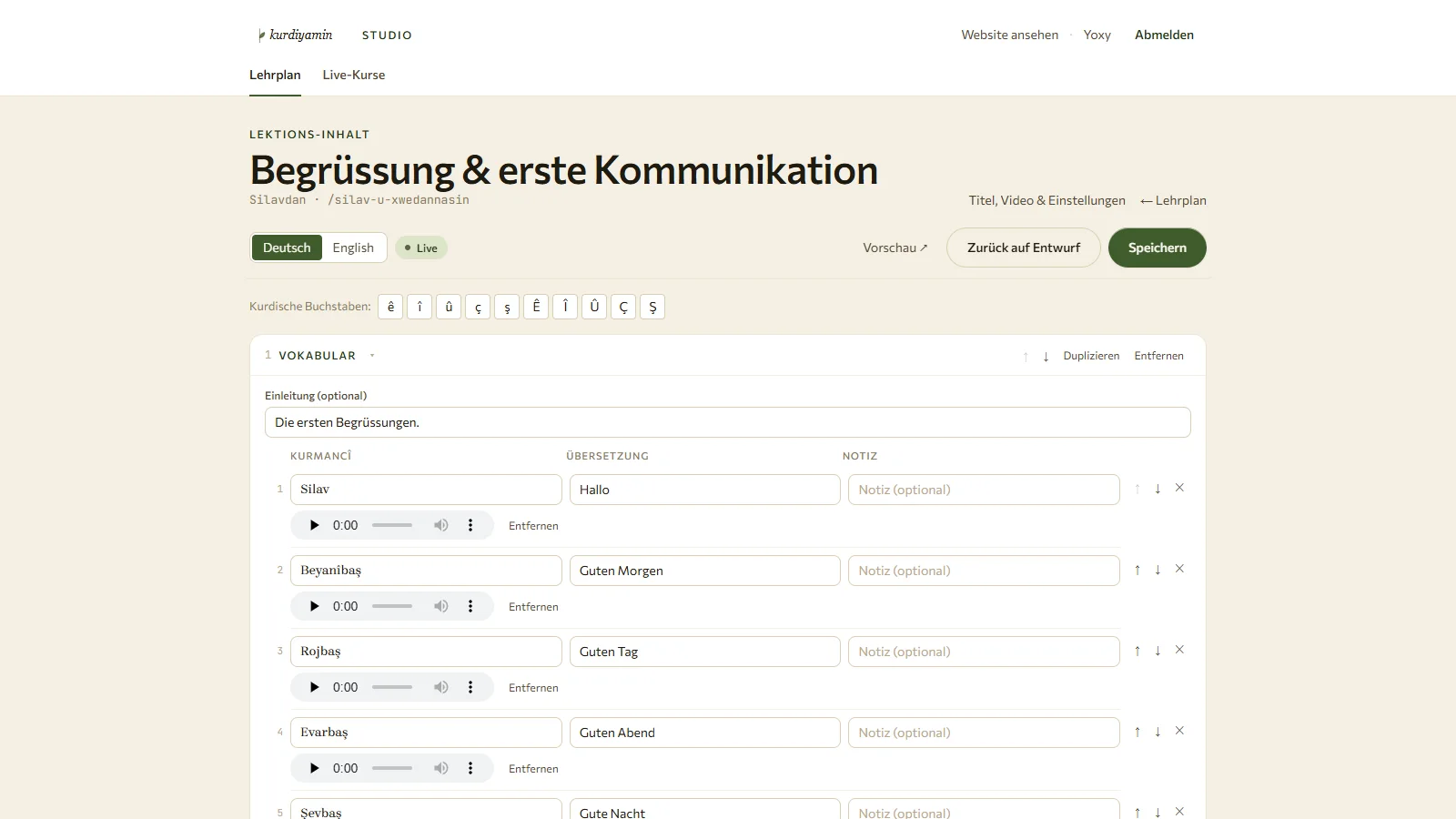 Kurdiyamin — Studio: Lektions-Editor mit Vokabular und Audio