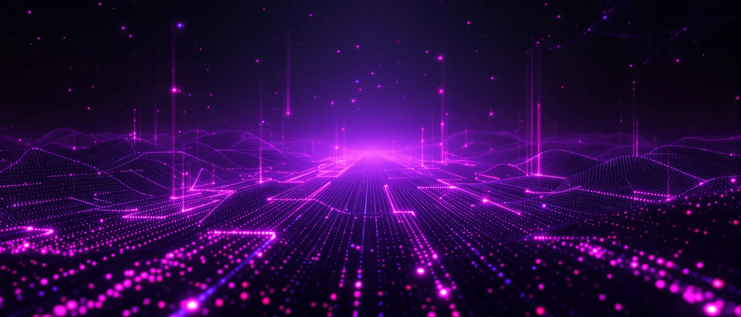 Abstrakte digitale Systeme in Violett, die in einen leuchtenden Horizont laufen