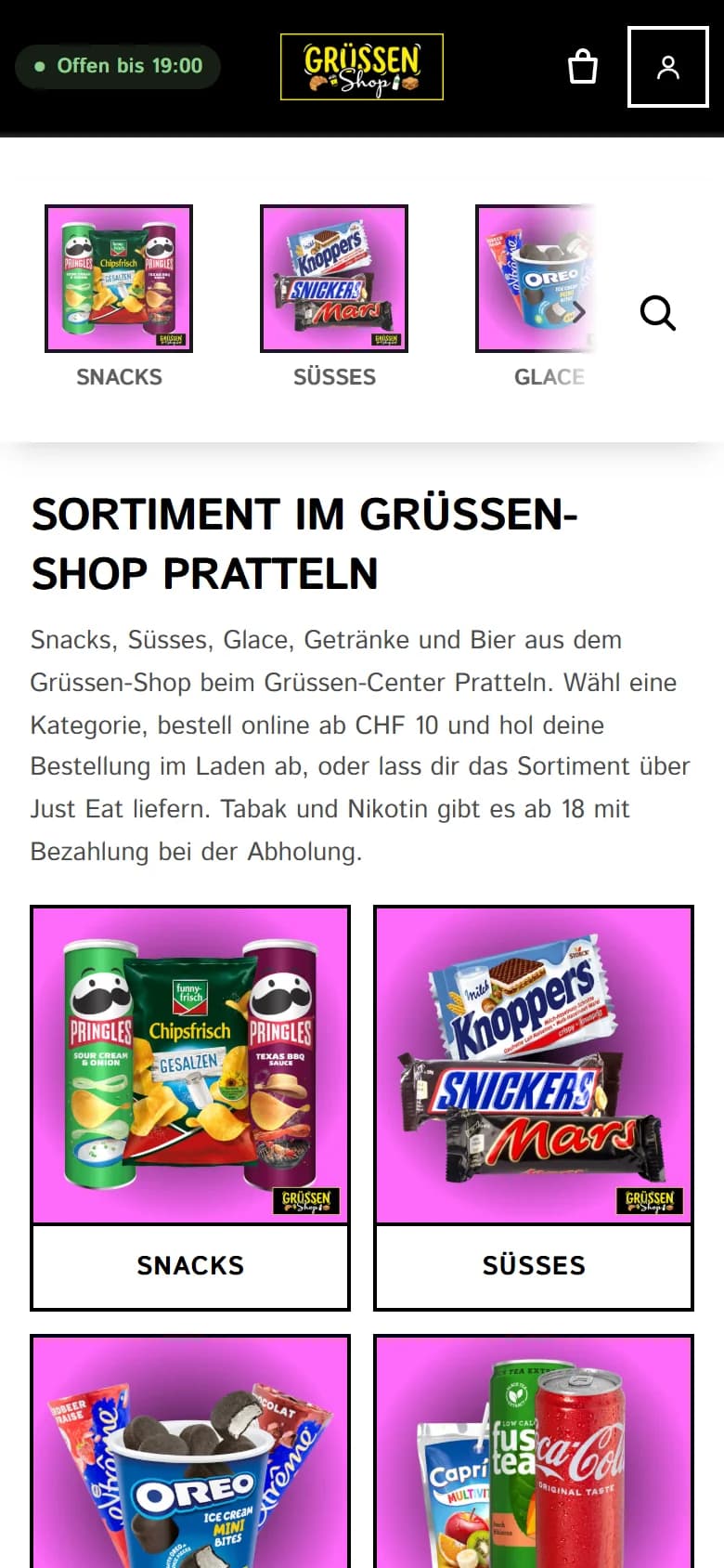 Grüssen-Shop: Sortiment mobil